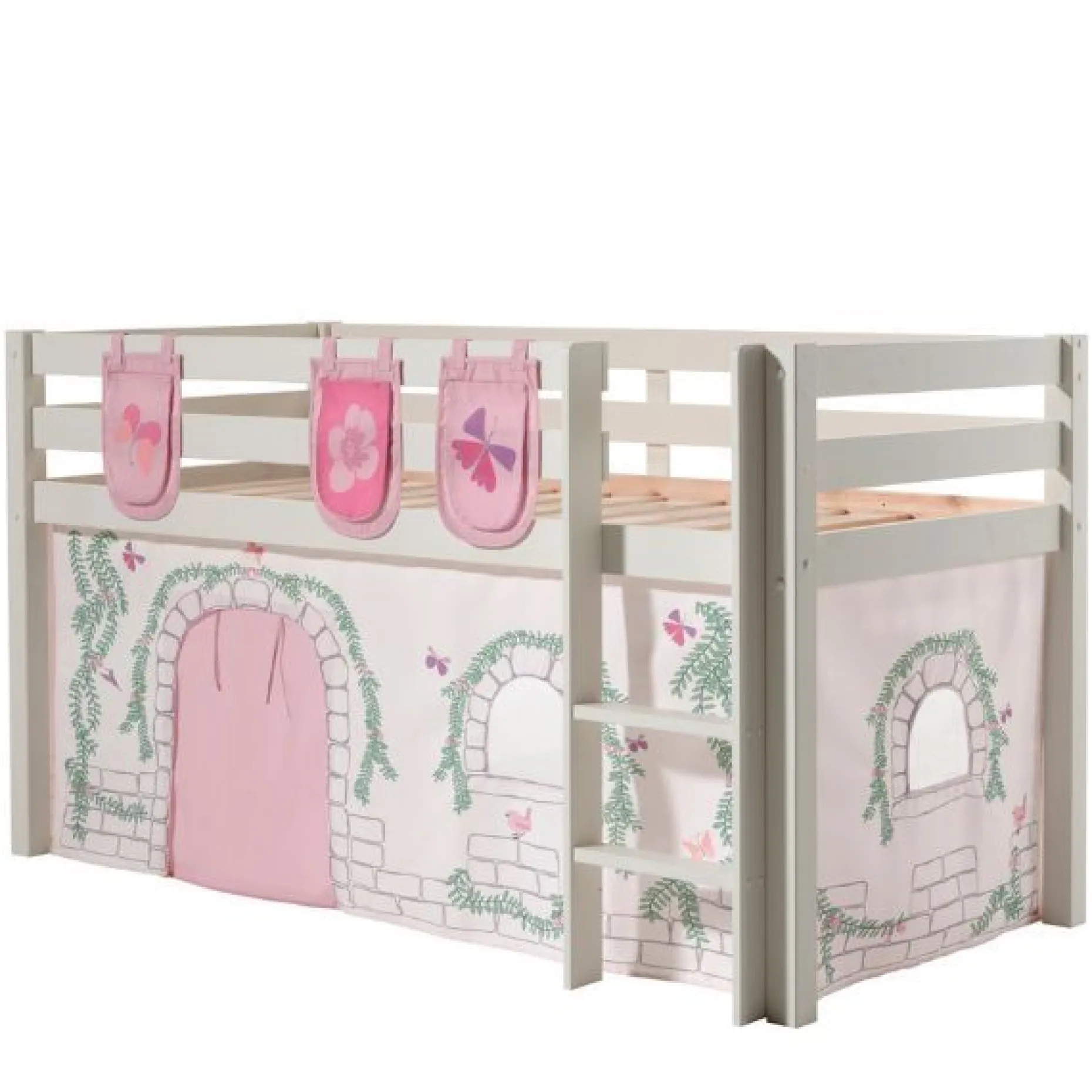 Halbhochbett Charlotte mit Schlafzelt und Aufbewahrungstaschen Birdy - weiß