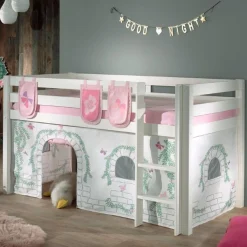 Halbhochbett Charlotte mit Schlafzelt und Aufbewahrungstaschen Birdy - weiß