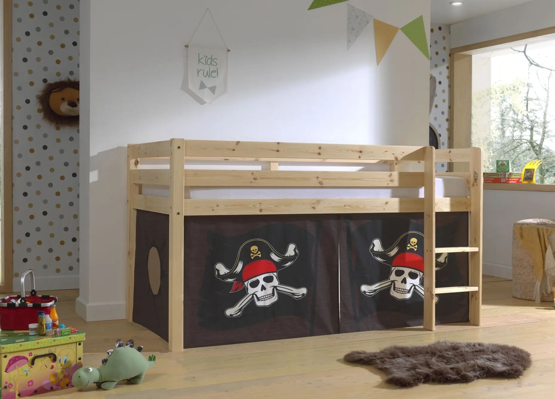 Halbhochbett Charlotte mit Schlafzelt Caribbean Pirates - Kieferholz