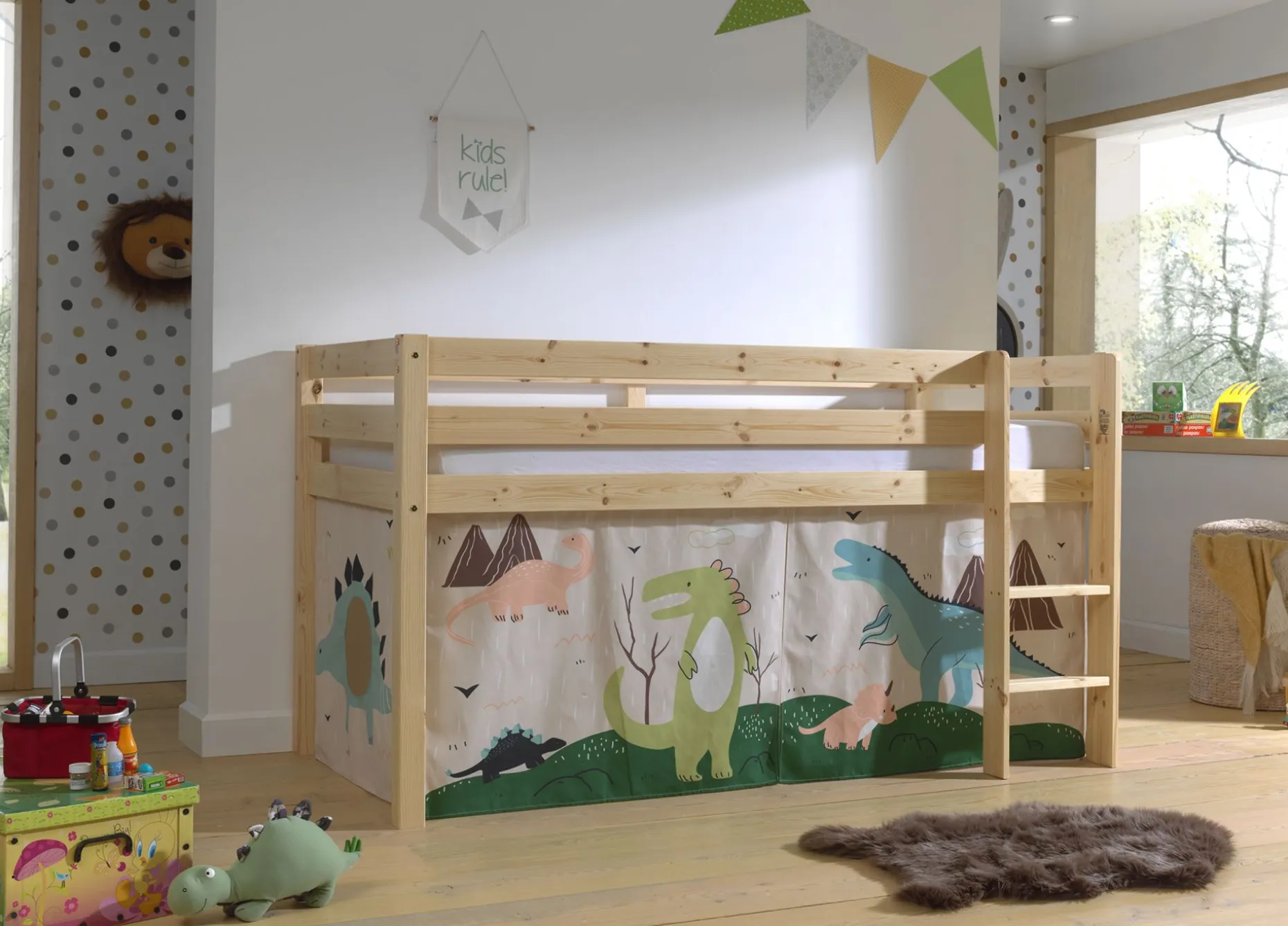 Halbhochbett Charlotte mit Schlafzelt Dino - Kieferholz