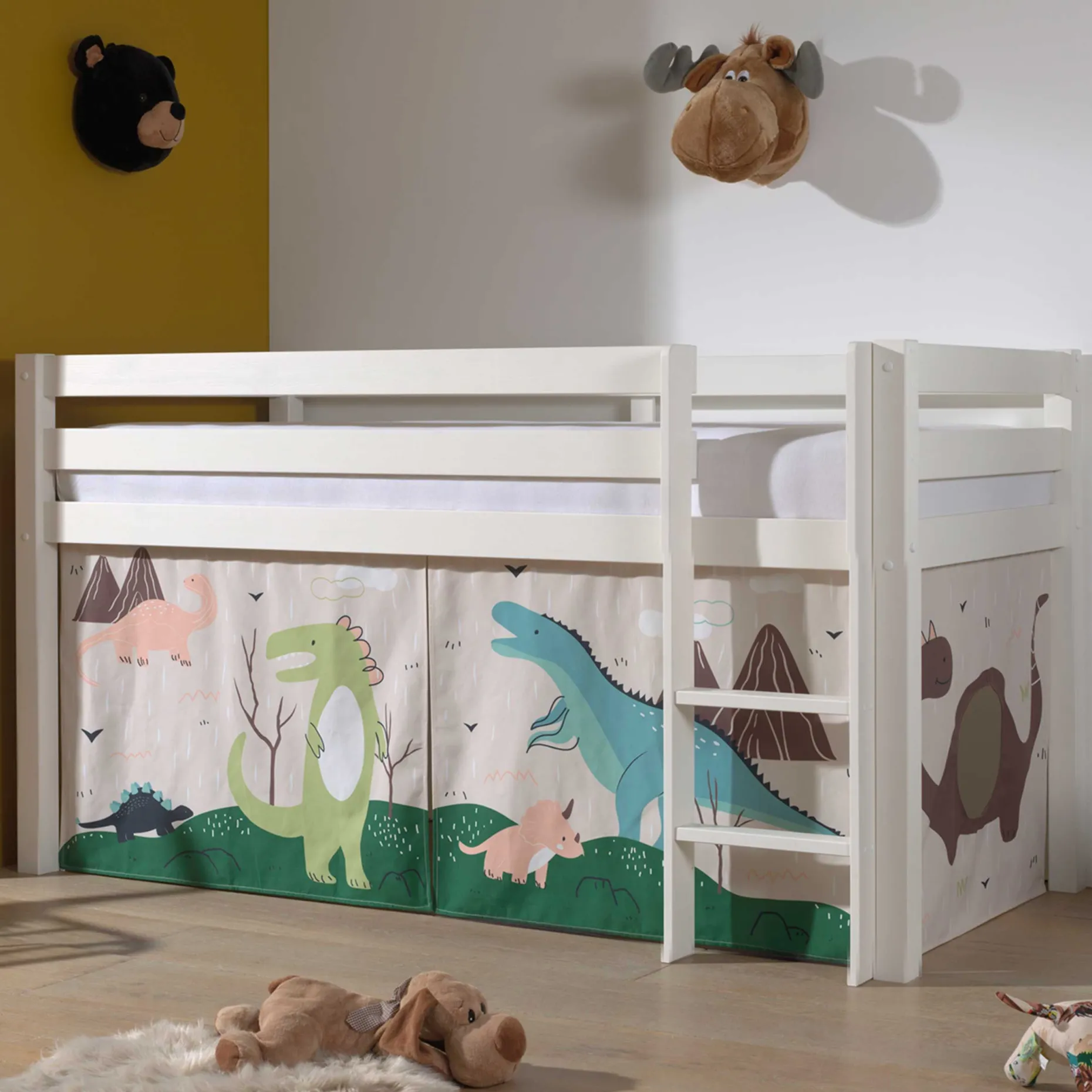 Halbhochbett Charlotte mit Schlafzelt Dino - weiß
