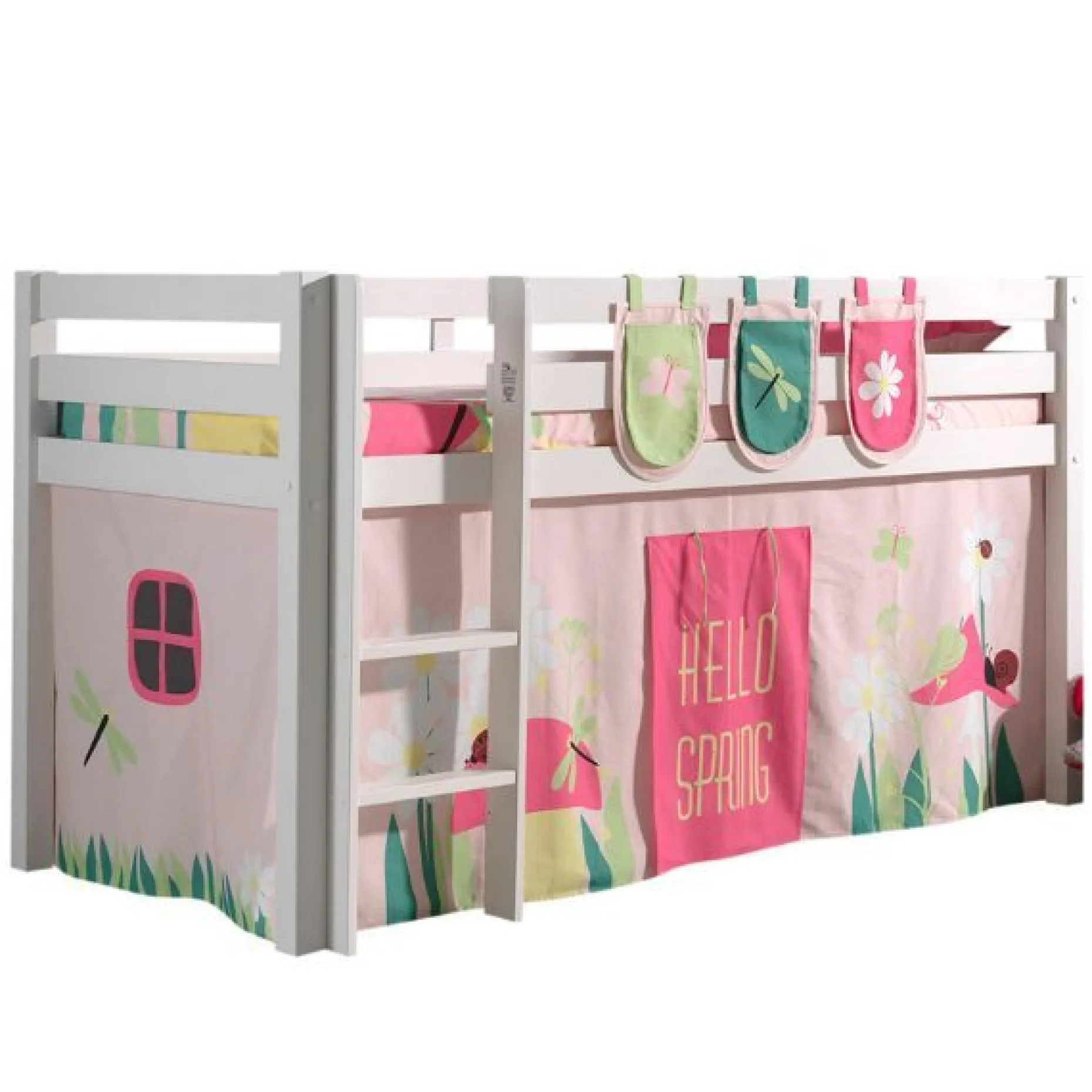 Halbhochbett Charlotte mit Schlafzelt und Aufbewahrungstaschen Spring - weiß