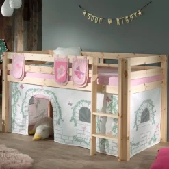 Halbhochbett Charlotte mit Schlafzelt und Aufbewahrungstaschen Birdy - Kieferholz