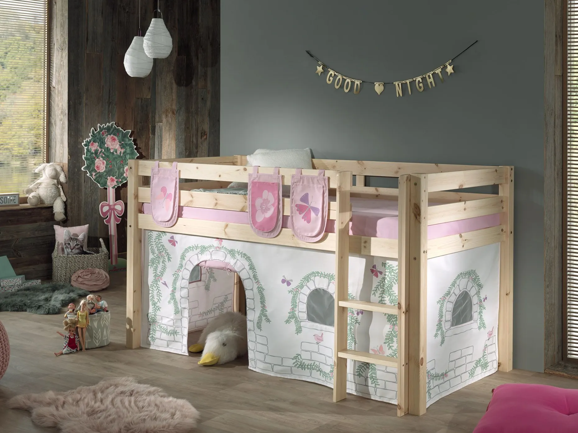 Halbhochbett Charlotte mit Schlafzelt und Aufbewahrungstaschen Birdy - Kieferholz