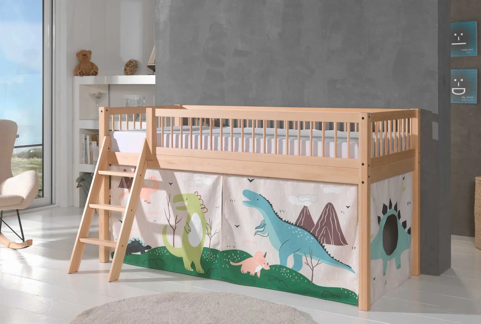 Halbhochbett Forrest mit Bettzelt Dino - Buchenholz