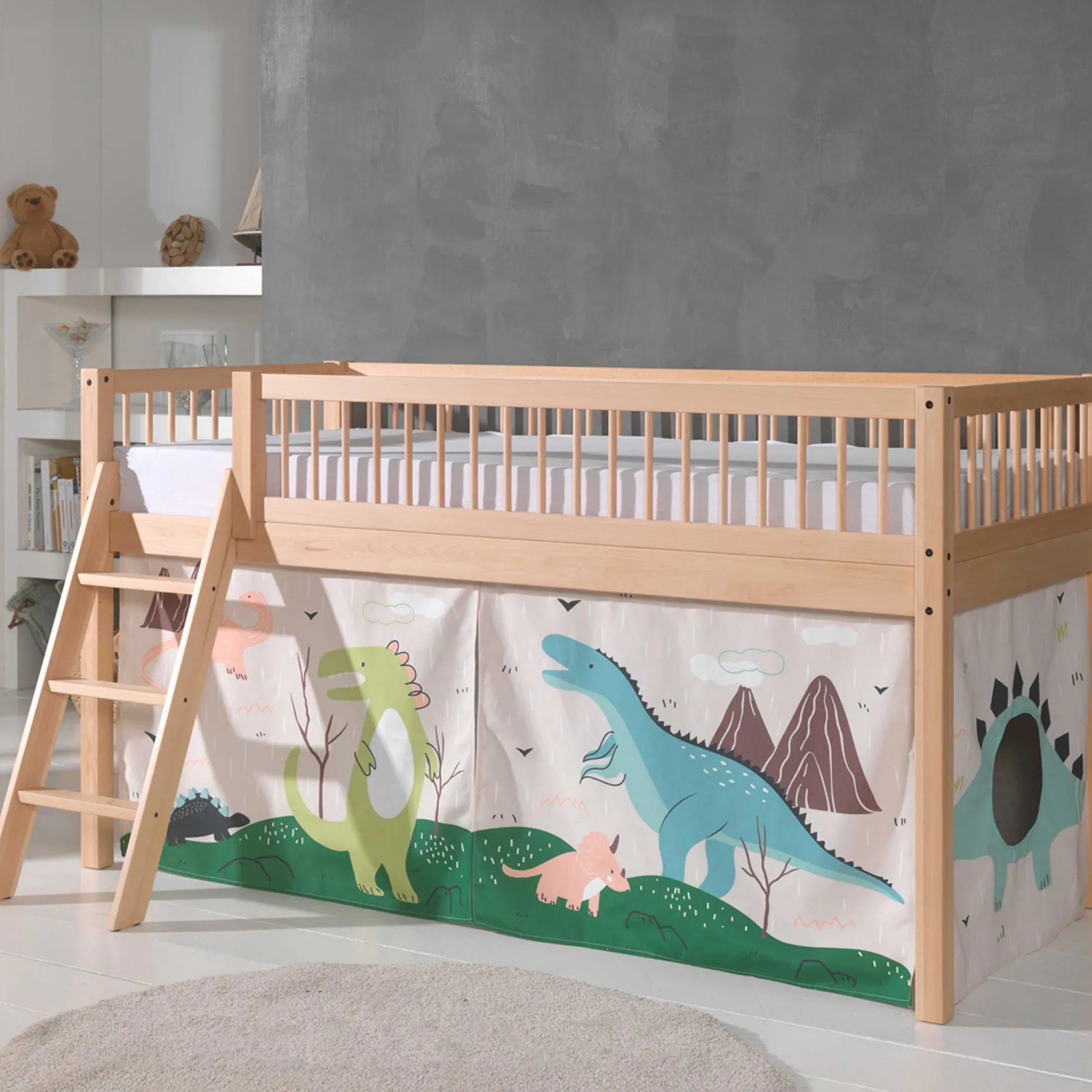 Halbhochbett Forrest mit Bettzelt Dino - Buchenholz