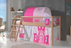 Halbhochbett Forrest mit Bettzelt, Tunnel und Aufbewahrungstaschen Princess - Buchenholz
