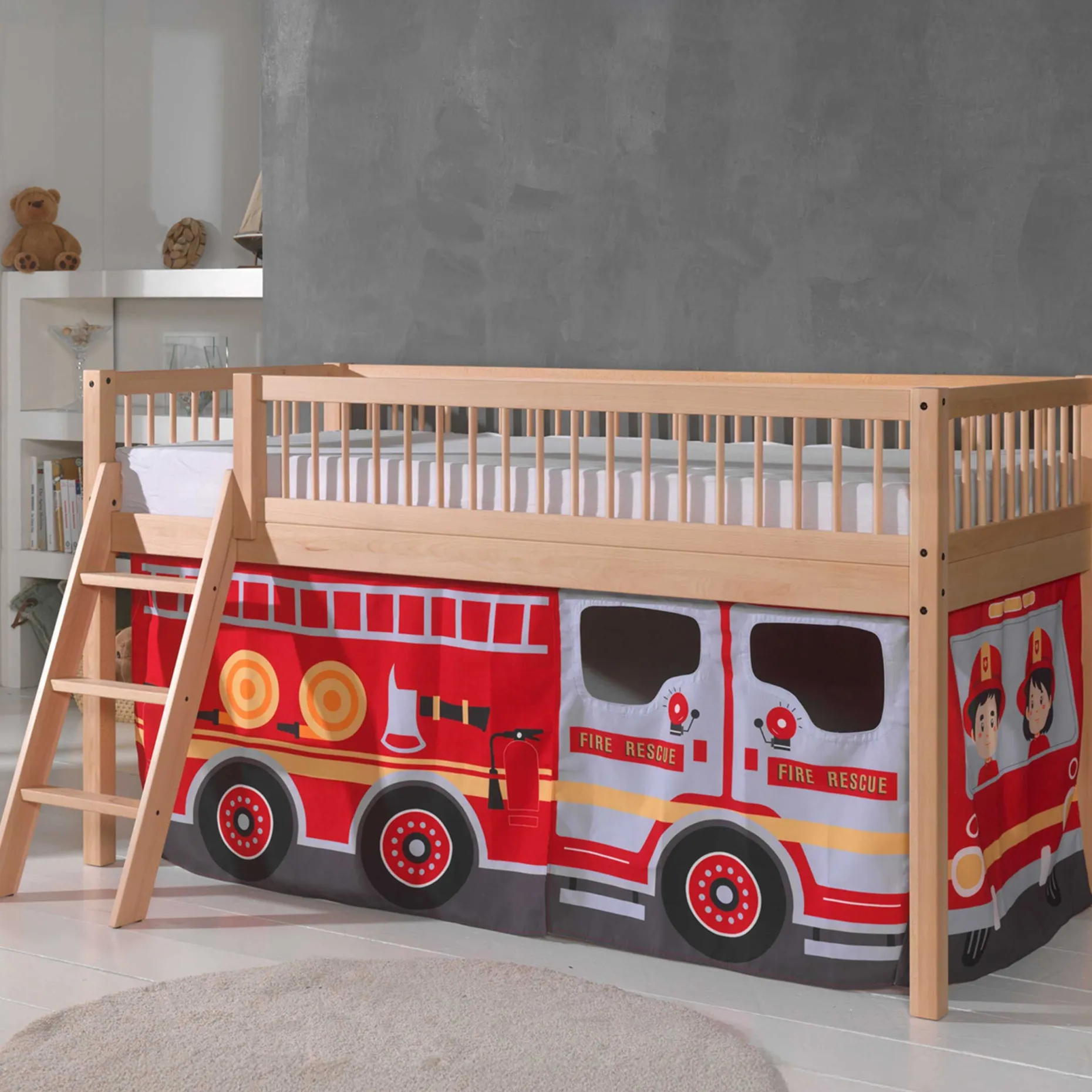 Halbhochbett Forrest mit Schlafzelt Feuerwehrfahrzeug - Buchenholz