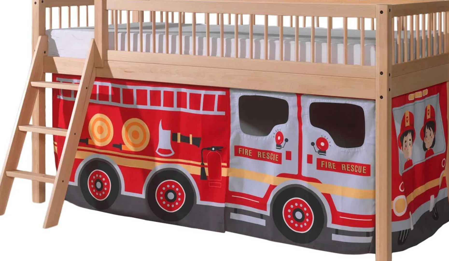 Halbhochbett Forrest mit Schlafzelt Feuerwehrfahrzeug - Buchenholz