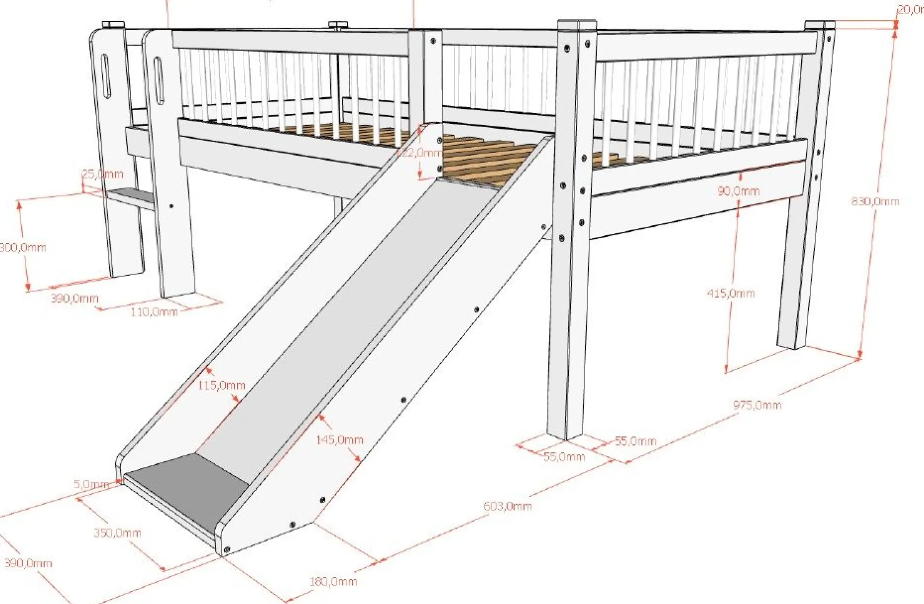 Halbhochbett Forrest - 90 x 200cm - mit Rutsche - Buche massiv - weiß