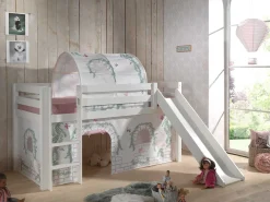Halbhochbett mit Rutsche Astrid mit Schlafzelt und Betttunnel Birdy - weiß