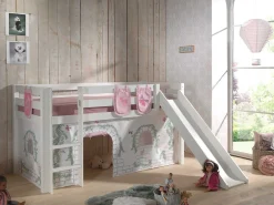 Halbhochbett mit Rutsche Astrid mit Schlafzelt und Aufbewahrungstaschen Birdy - weiß