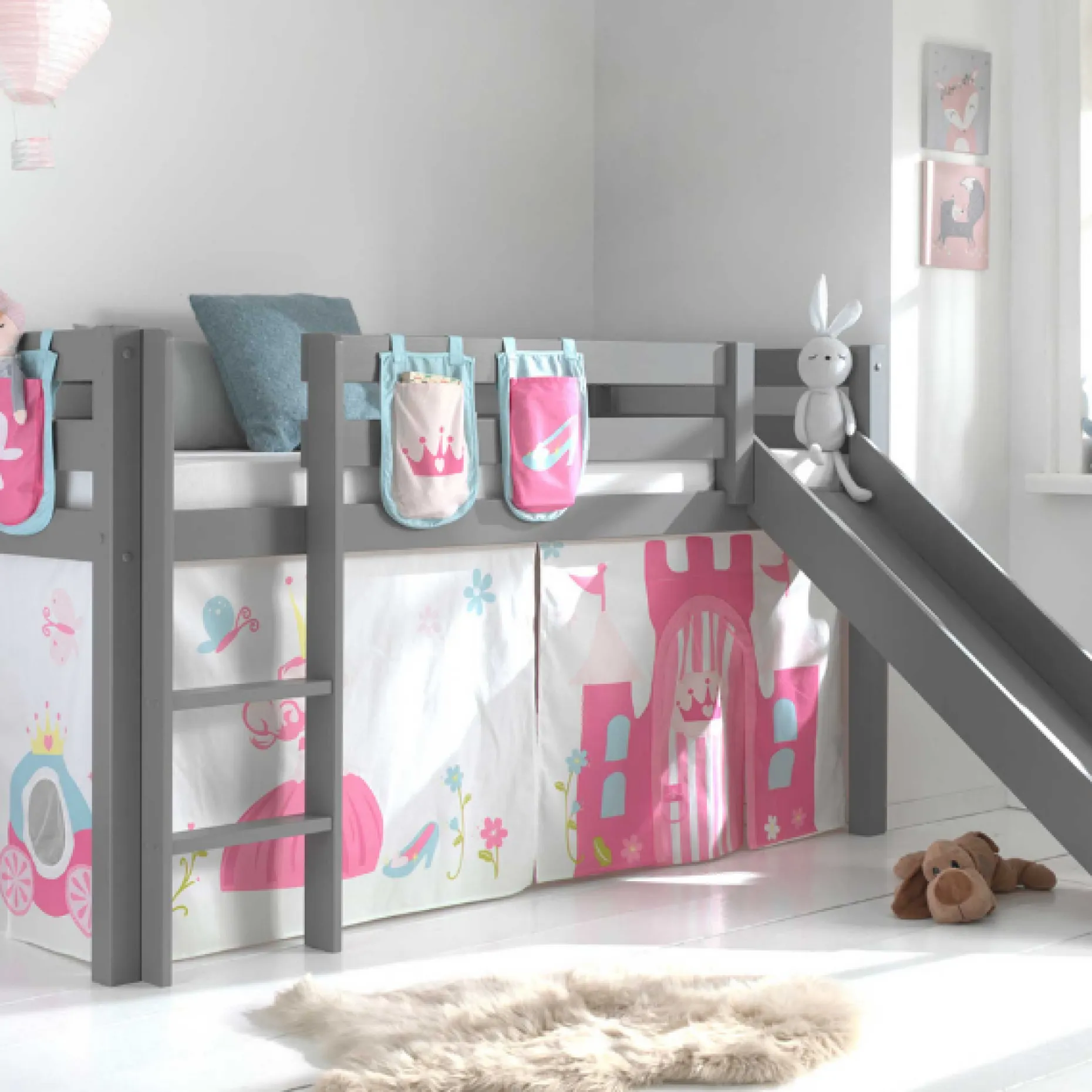 Halbhochbett mit Rutsche Astrid mit Schlafzelt und Stautaschen Princess II - grau