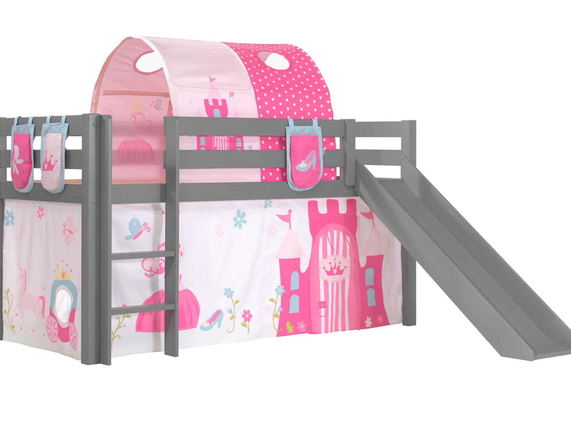Halbhochbett mit Rutsche Astrid mit Schlafzelt, Tunnel und Stautaschen Princess II - grau