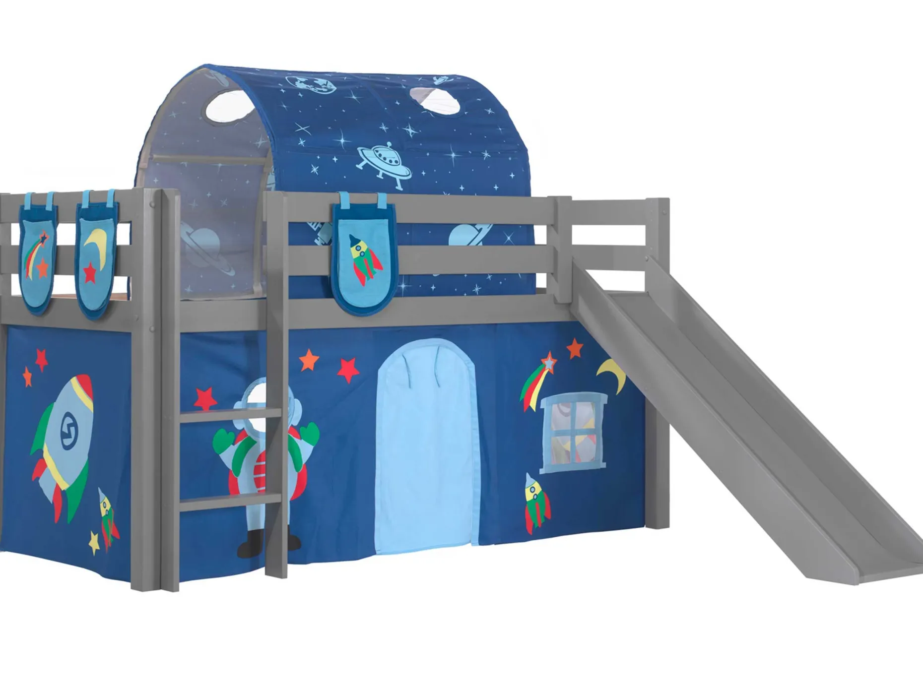 Halbhochbett mit Rutsche Astrid mit Schlafzelt, Tunnel und Stautaschen Astro - grau
