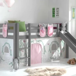 Halbhochbett mit Rutsche Astrid mit Schlafzelt und Stautaschen Birdy - grau