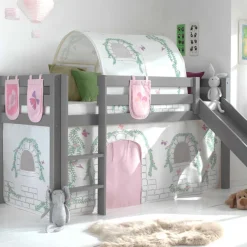 Halbhochbett mit Rutsche Astrid mit Schlafzelt, Tunnel und Stautaschen Birdy - grau