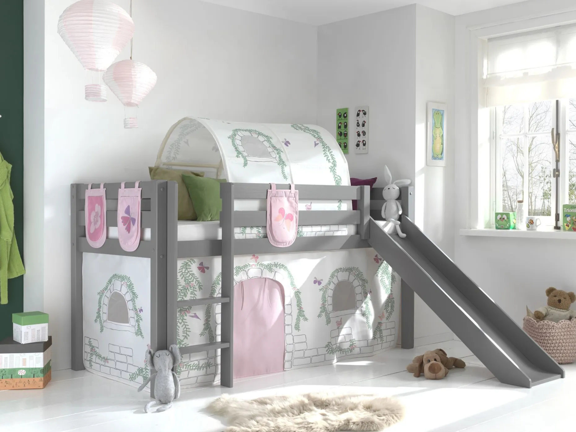 Halbhochbett mit Rutsche Astrid mit Schlafzelt, Tunnel und Stautaschen Birdy - grau