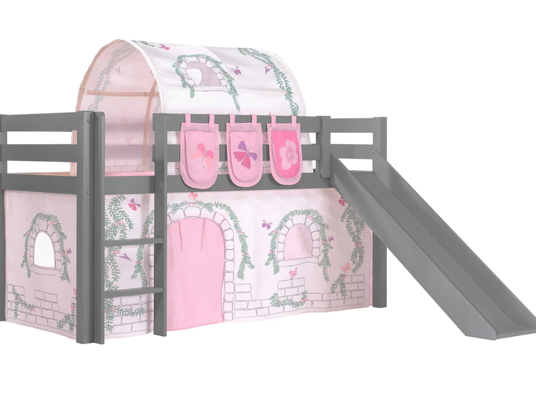 Halbhochbett mit Rutsche Astrid mit Schlafzelt, Tunnel und Stautaschen Birdy - grau