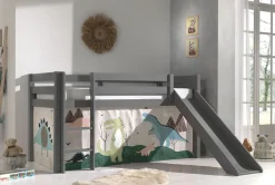 Halbhochbett mit Rutsche Astrid mit Schlafzelt Dino - grau