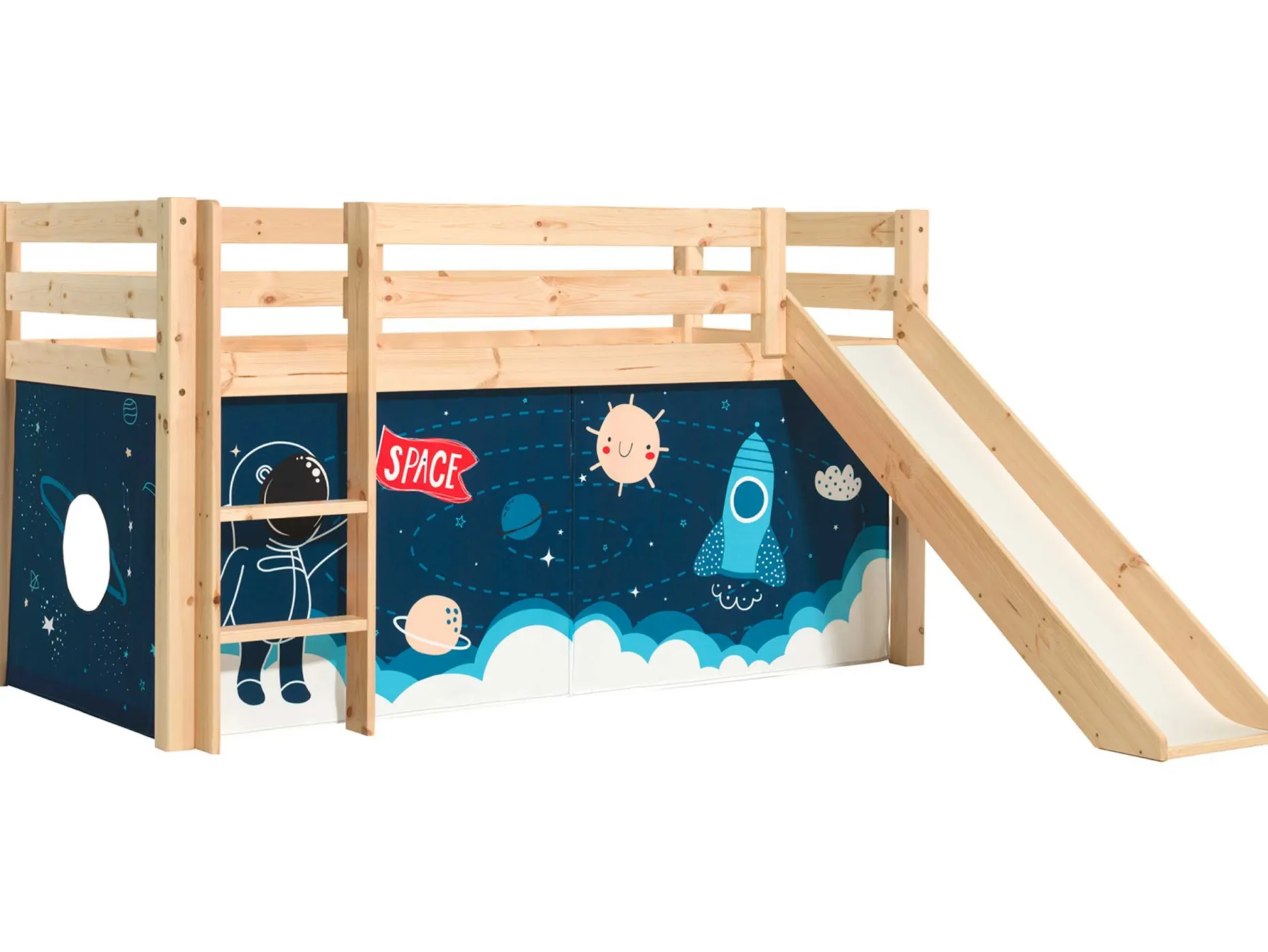 Halbhochbett mit Rutsche Astrid mit Schlafzelt Space Shuttle - Kieferholz
