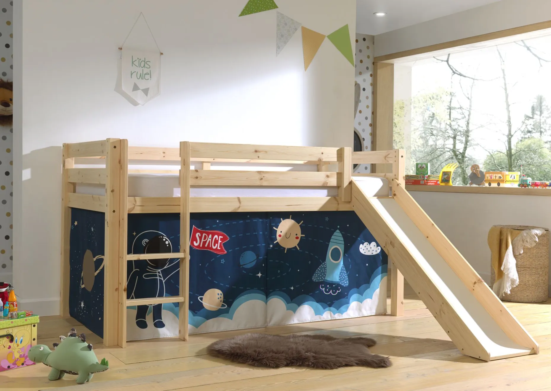 Halbhochbett mit Rutsche Astrid mit Schlafzelt Space Shuttle - Kieferholz