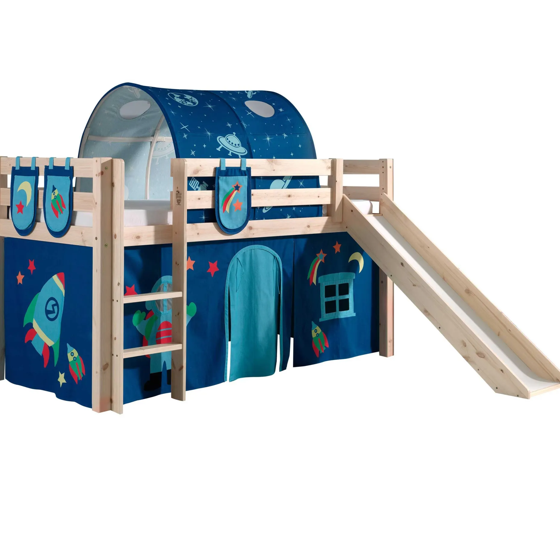 Halbhochbett mit Rutsche Astrid mit Schlafzelt, Tunnel und Stautaschen Astro - Kiefer