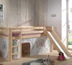 Halbhochbett mit Rutsche Astrid mit Schlafzelt Birdy - Kieferholz