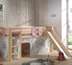 Halbhochbett mit Rutsche Astrid mit Schlafzelt und Stautaschen Birdy - Kieferholz
