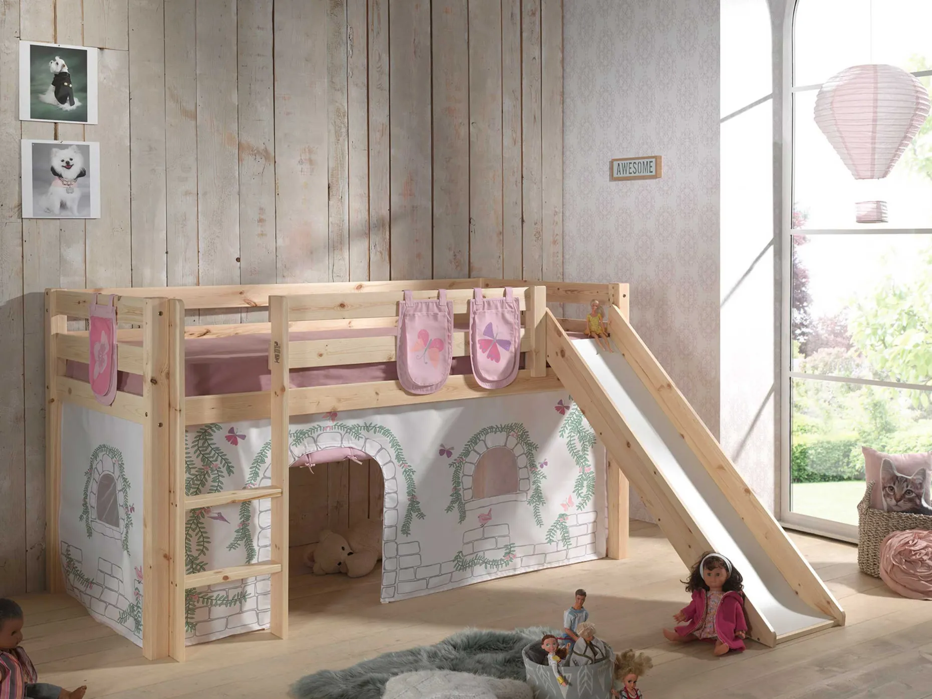 Halbhochbett mit Rutsche Astrid mit Schlafzelt und Stautaschen Birdy - Kieferholz