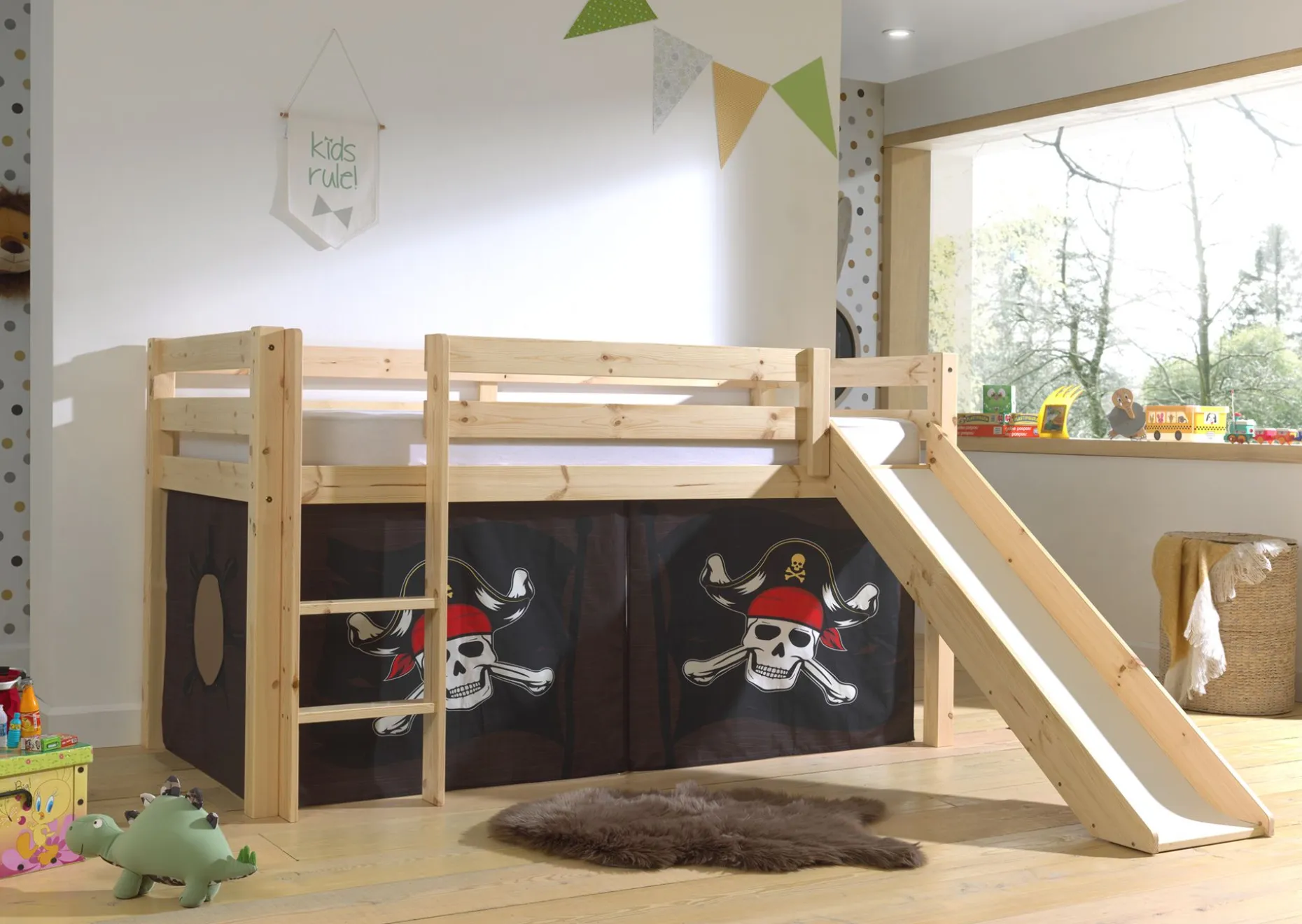 Halbhochbett mit Rutsche Astrid mit Schlafzelt Caribbean Pirates - Kieferholz
