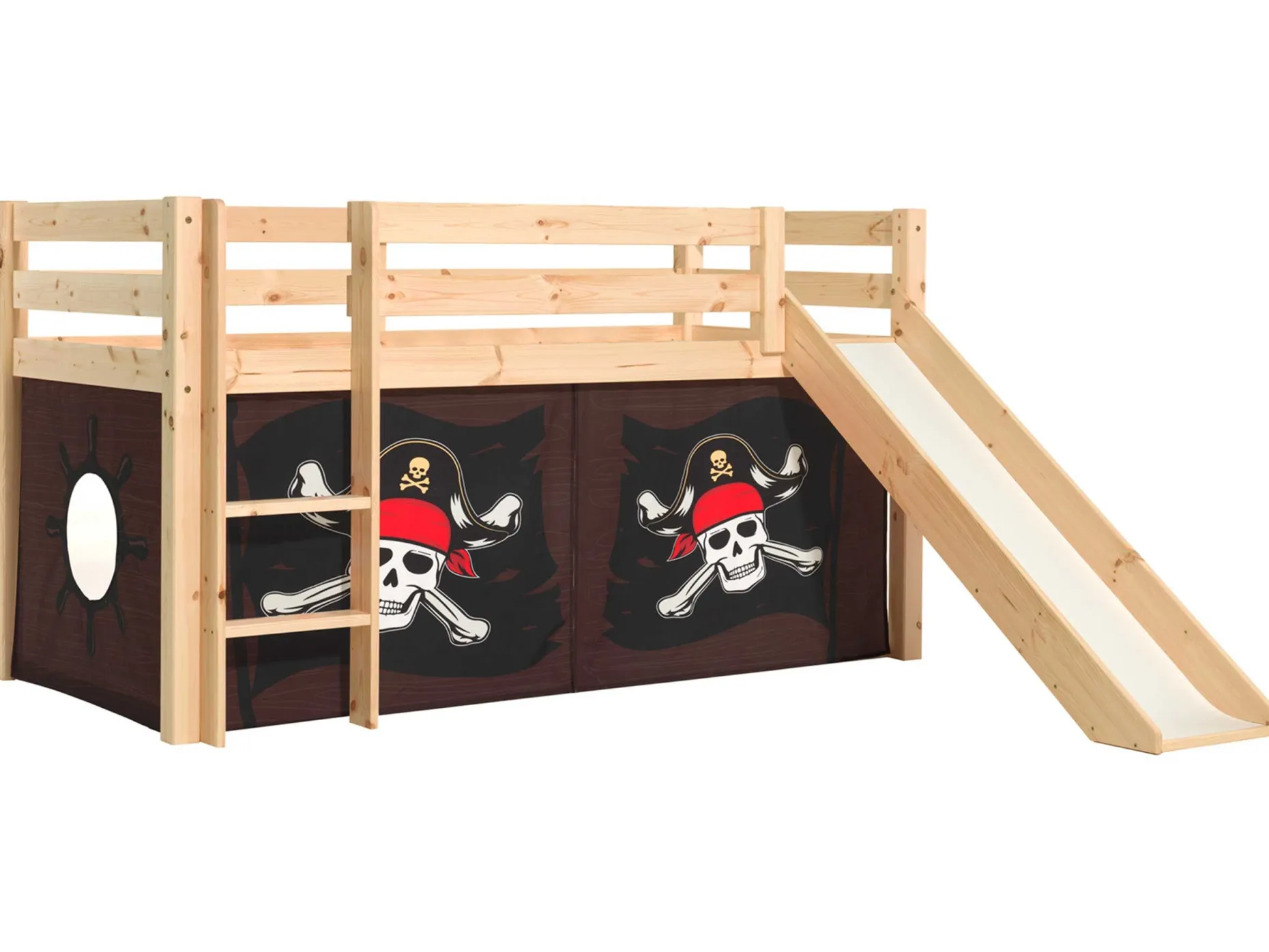 Halbhochbett mit Rutsche Astrid mit Schlafzelt Caribbean Pirates - Kieferholz