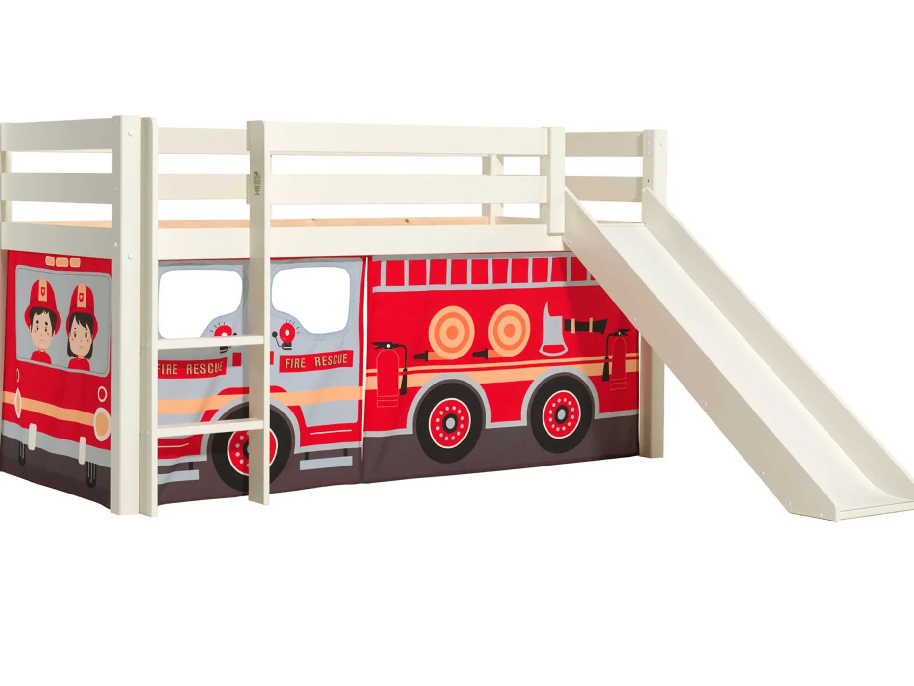 Halbhochbett mit Rutsche Astrid mit Schlafzelt Feuerwehrfahrzeug - weiß