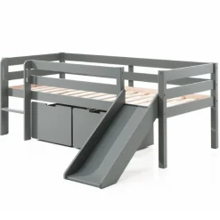 Halbhochbett mit Rutsche Pip 90 x 200 mit 2 Schubladen und Regal Kiefer - grau
