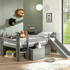 Halbhochbett mit Rutsche Pip 90 x 200 mit 2 Schubladen und Regal Kiefer - grau