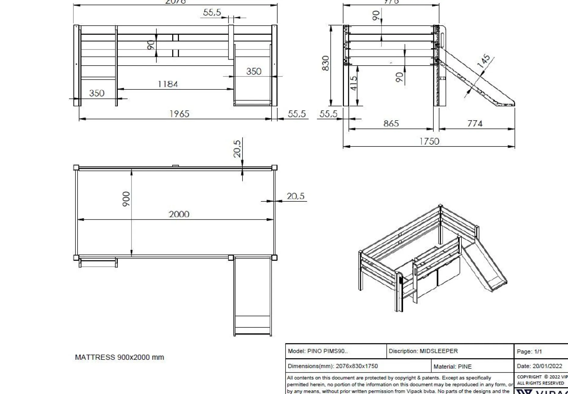 Halbhochbett Pip mit Rutsche 90 x 200 Kiefernholz - grau