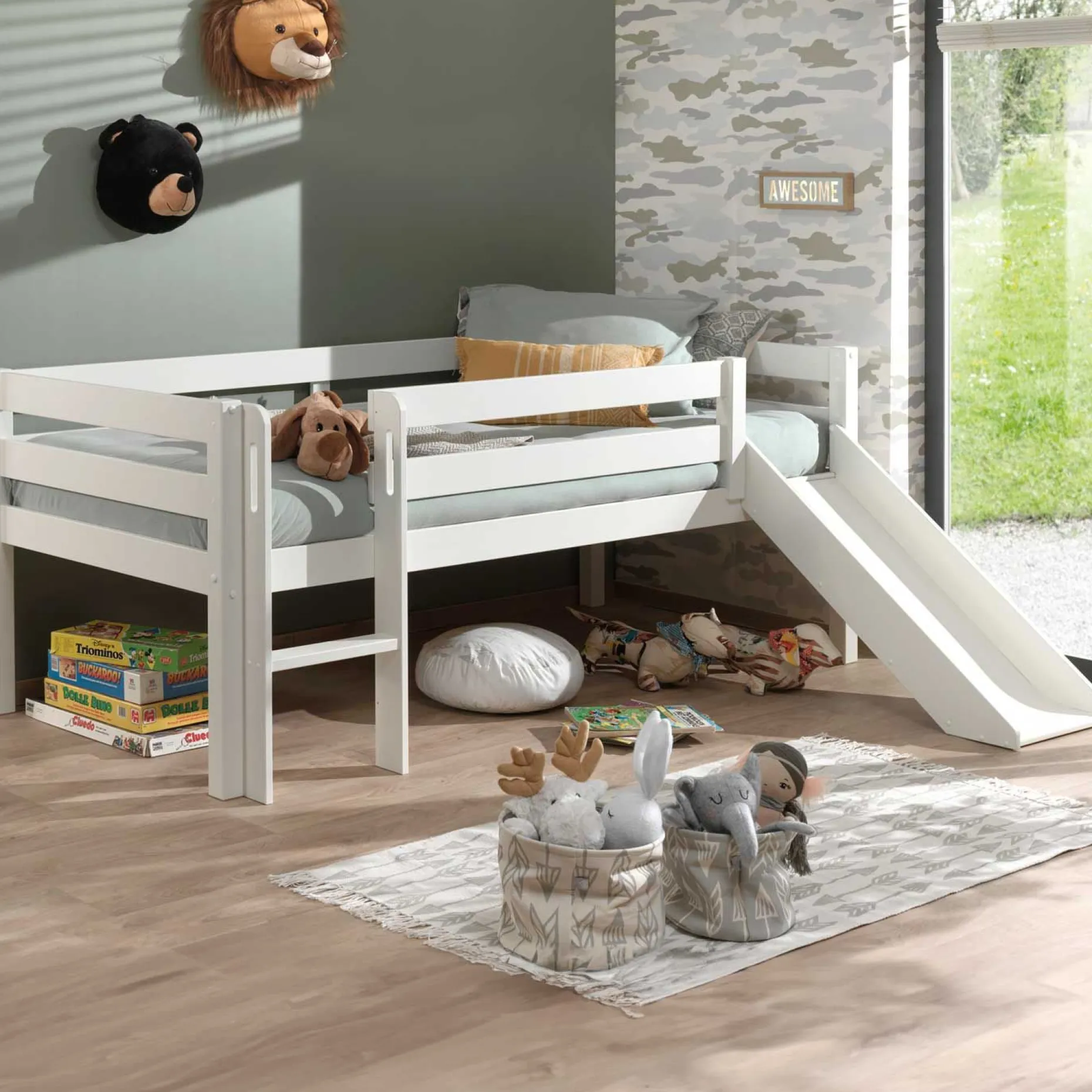 Halbhochbett Pip mit Rutsche 90 x 200 Kiefer - weiß