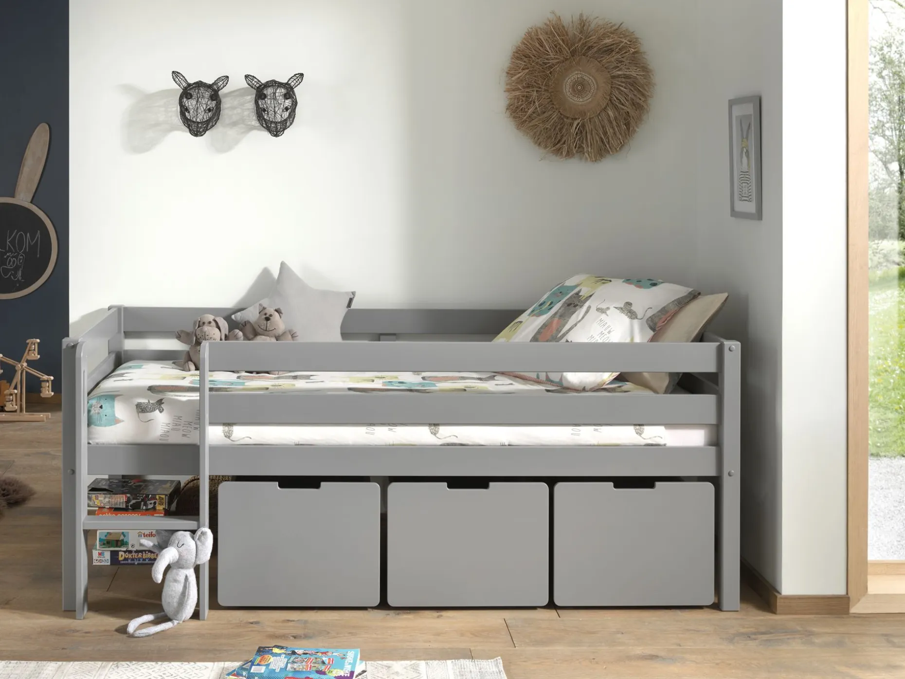 Halbhochbett Pip mit 3 Schubladen 90 x 200cm Kiefer - grau