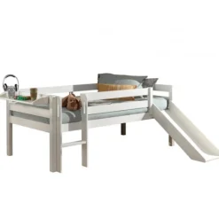 Halbhochbett Pip 90x200 cm mit Rutsche und 1 Wandregal-weiß