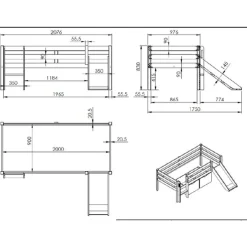 Halbhochbett Pip 90x200 cm mit Rutsche, 2 Schubladen und 1 Wandregal-weiß