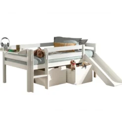 Halbhochbett Pip 90x200 cm mit Rutsche, 2 Schubladen und 1 Wandregal-weiß