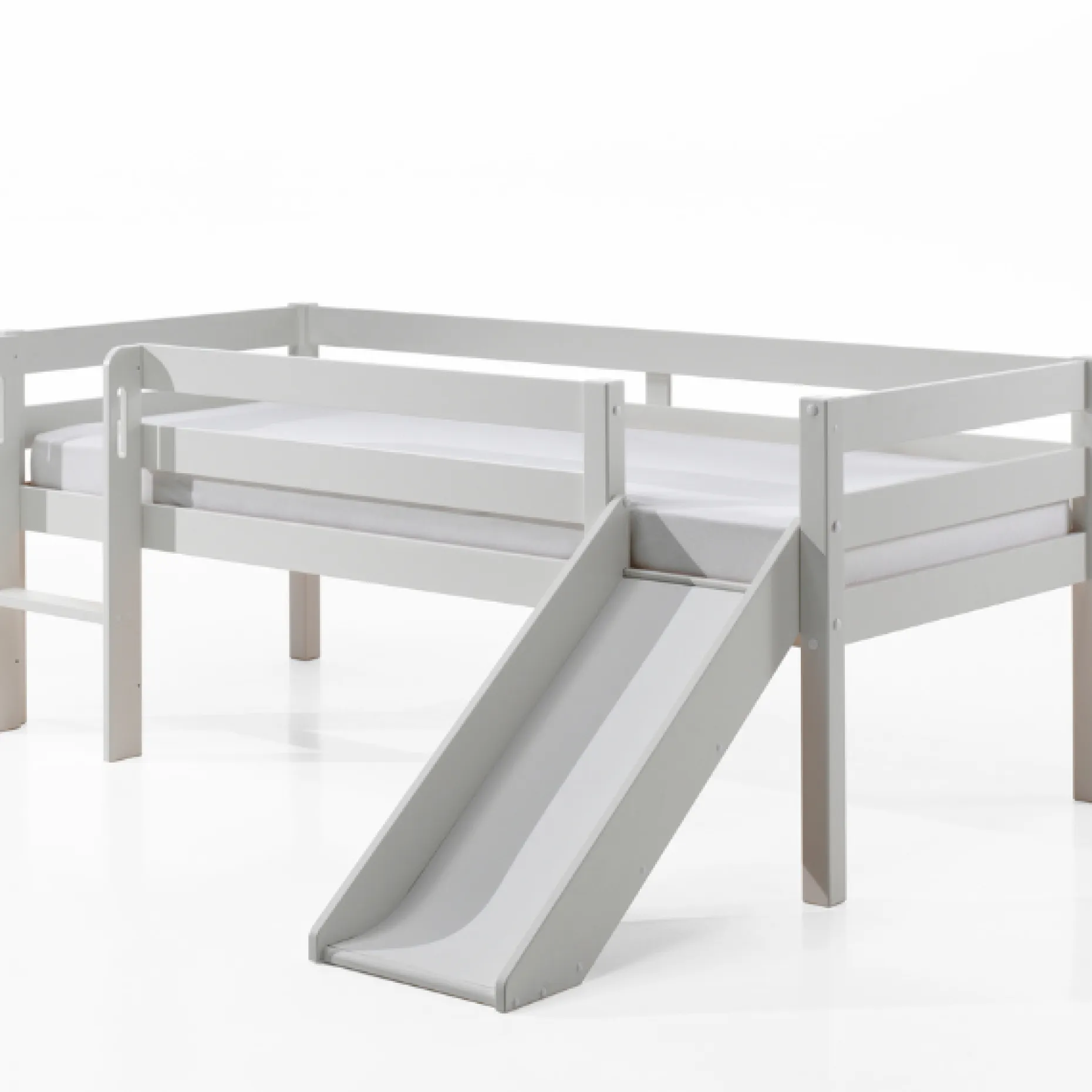 Halbhochbett Pip 90x200 cm mit Rutsche, 2 Schubladen und 1 Wandregal-weiß