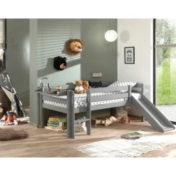 Halbhochbett Pip 90x200 cm mit Schieber und 1 Wandregal-grau