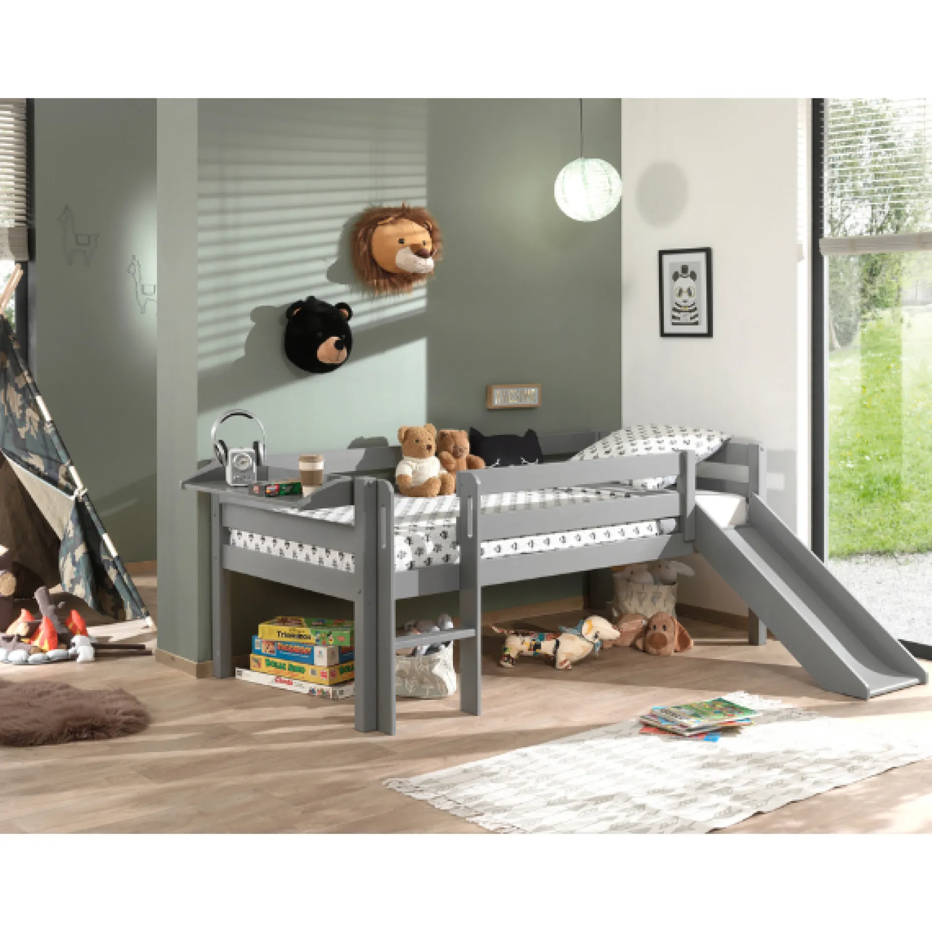 Halbhochbett Pip 90x200 cm mit Schieber und 1 Wandregal-grau