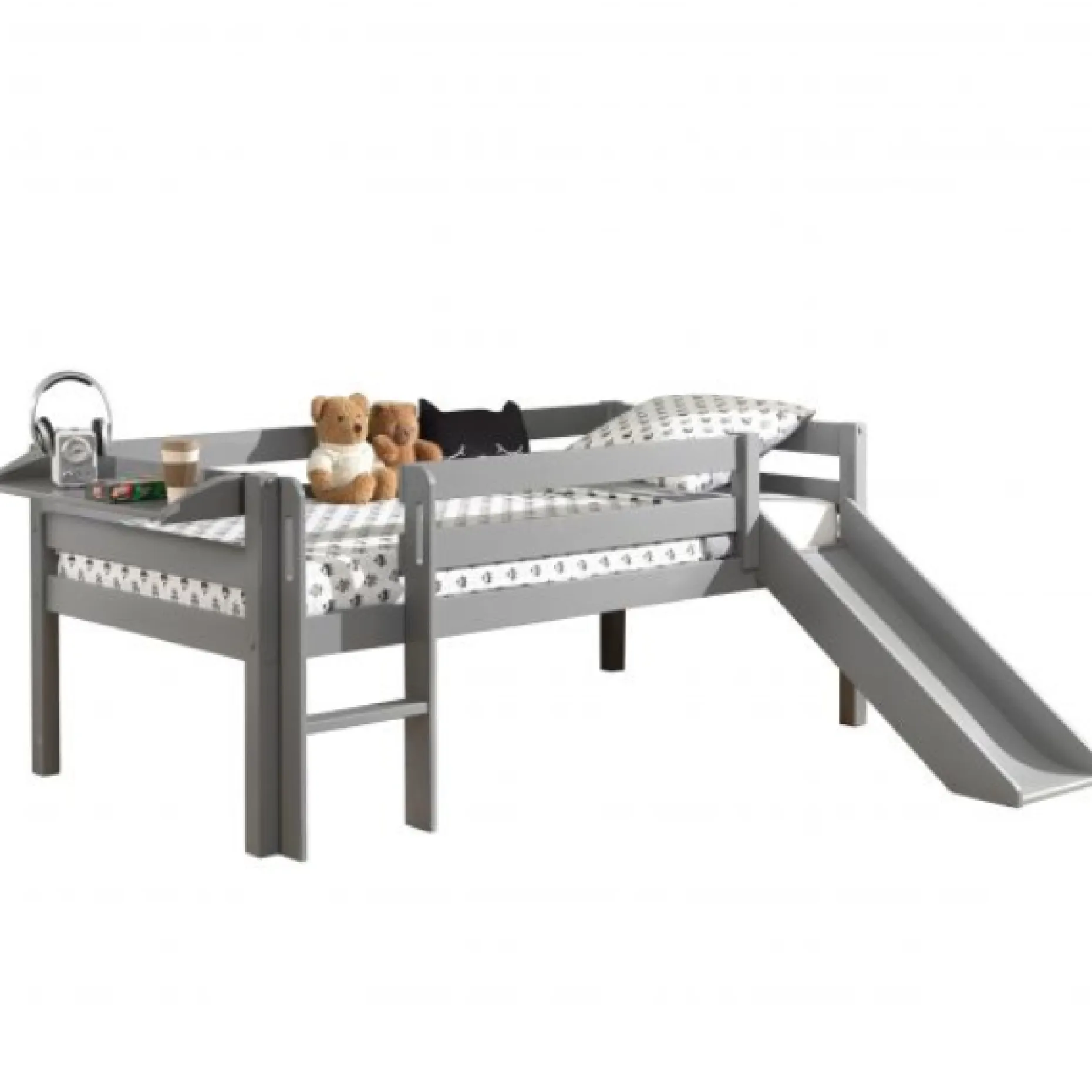 Halbhochbett Pip 90x200 cm mit Schieber und 1 Wandregal-grau