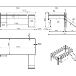 Halbhochbett Pip 90x200 cm mit Schieber und 1 Wandregal-grau