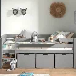 Halbhochbett Pip 90x200 cm mit 3 Schubladen und 1 Wandregal-grau