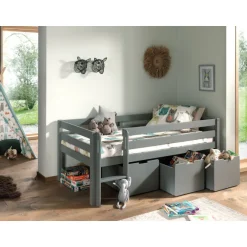 Halbhochbett Pip 90x200 cm mit 3 Schubladen und 1 Wandregal-grau
