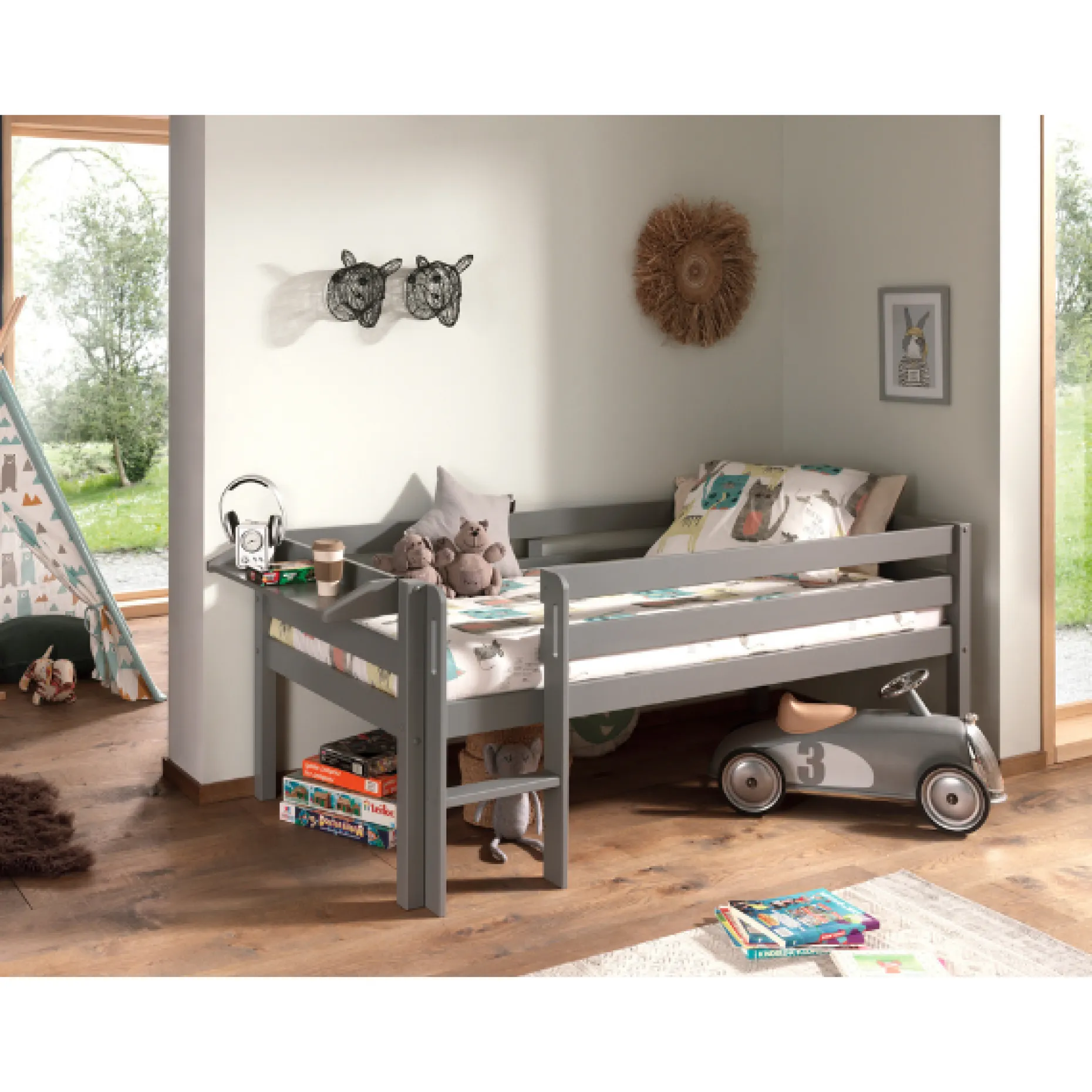 Halbhochbett Pip 90x200 cm mit 1 Wandregal-grau