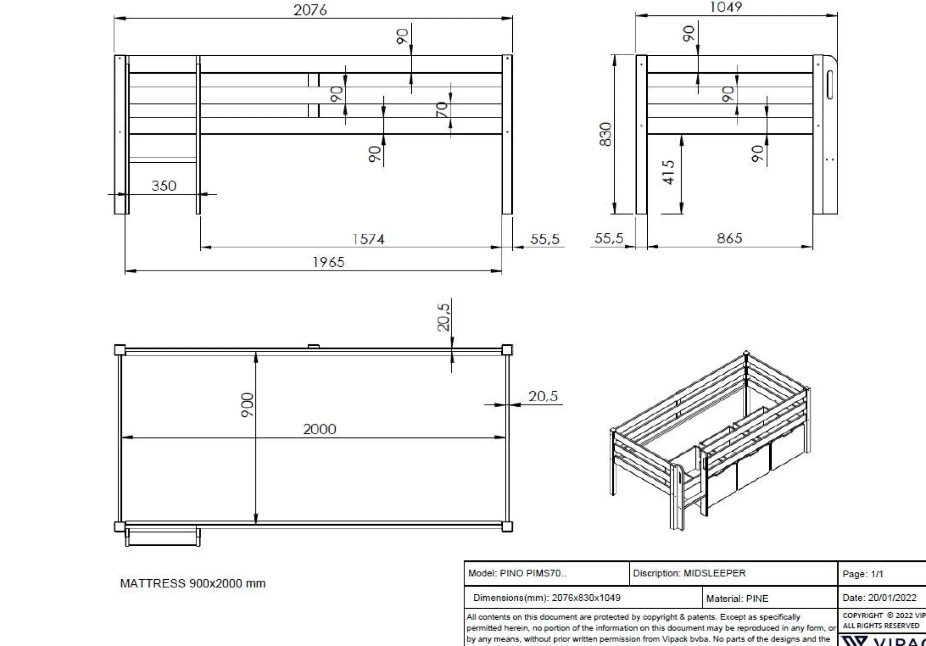 Halbhochbett Pip 90 x 200 Kiefer - grau